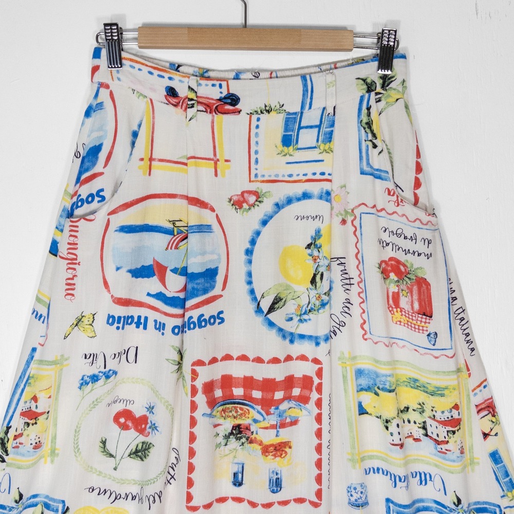 Haver & Blair Linen Blend Lemon Italian Print Midi Skirt Womens XS Resortwear
